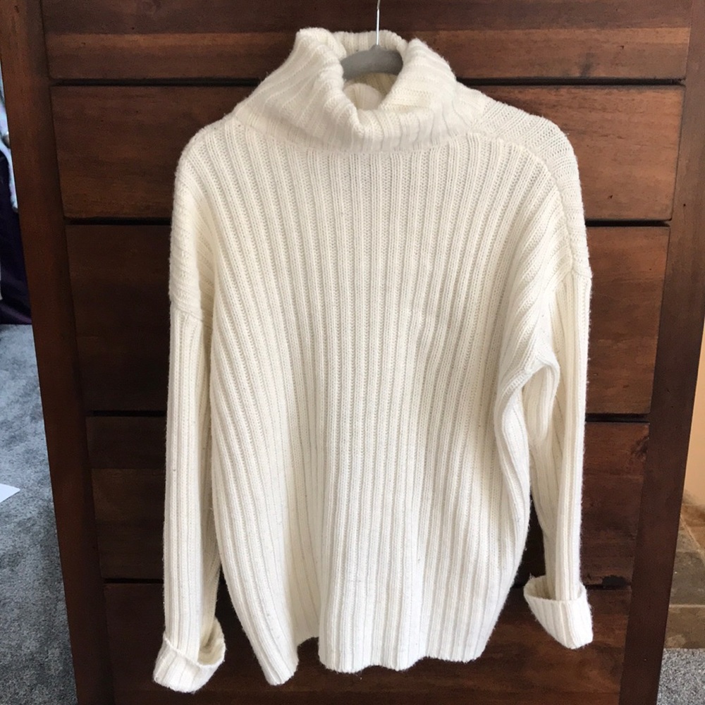 White oversized knit cowl neck sweater